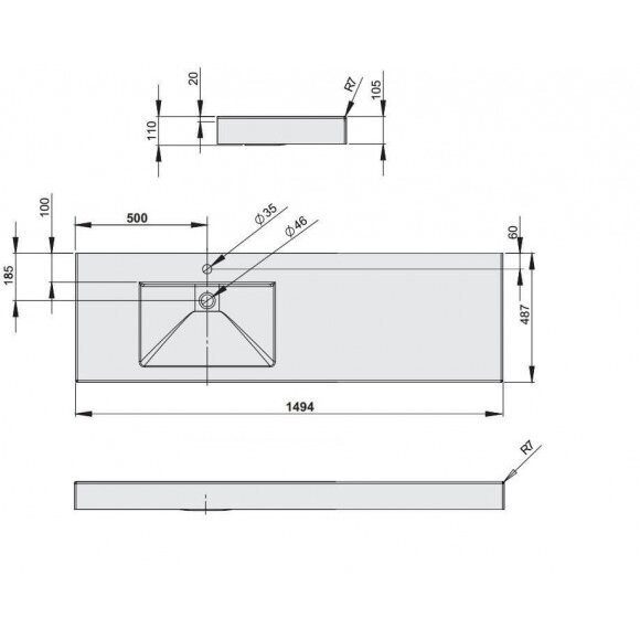Akmens masės baldinis praustuvas PAA Long Step, 1500 x 490 mm,  ILS1500/K/00 6