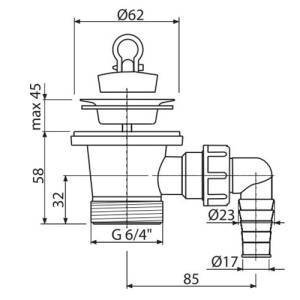 Praustuvo sifono ventilis su skalbimo mašinos jungtimi ALCAPLAST 1 1/2" (58) su kamščiu 1