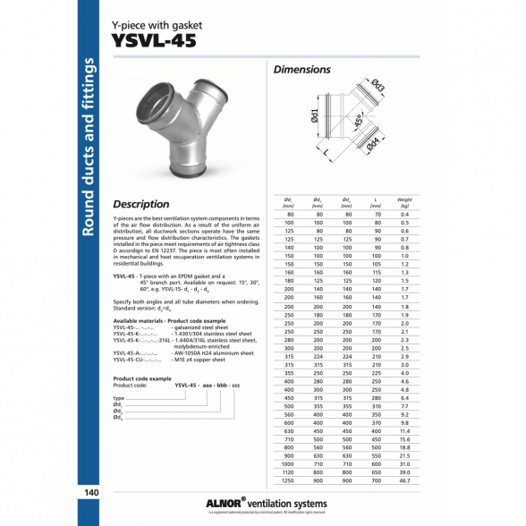 Ventiliacijos trišakis Y formos ALNOR 100 / 45° 1